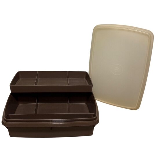 Vtg TUPPERCRAFT Brown Tupperware Craft Container Clear Lid 1980's Sewing Beading - Picture 1 of 14